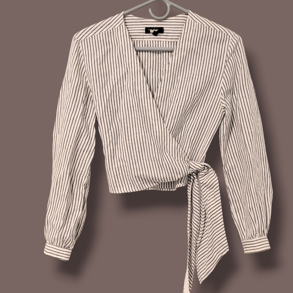 rag & bone Tops - Rag & Bone Grey Striped Cotton Linen V-Neck Long Sleeve Cropped Wrap Blouse